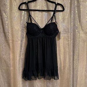 Rene Rofe Black Sheer Push Up Babydoll Lingerie Nighty Medium NWT